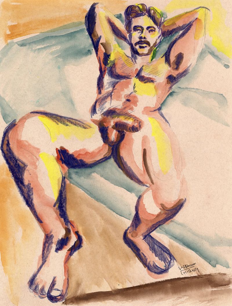 A colored pencil and watercolor drawing on toned paper based on a 20 minute zoom pose.