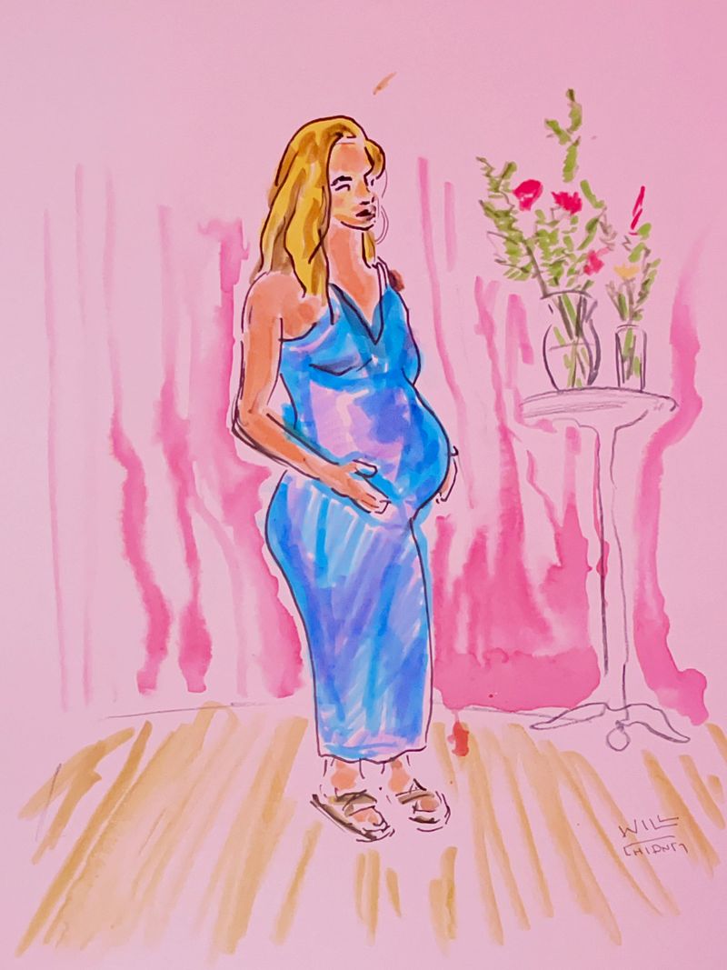 A watercolor marker drawing of Jade standing with flowers.