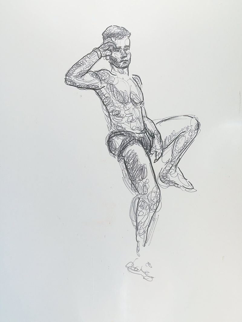 A cross-hatched fineliner portrait drawing of Eric on bristol paper.