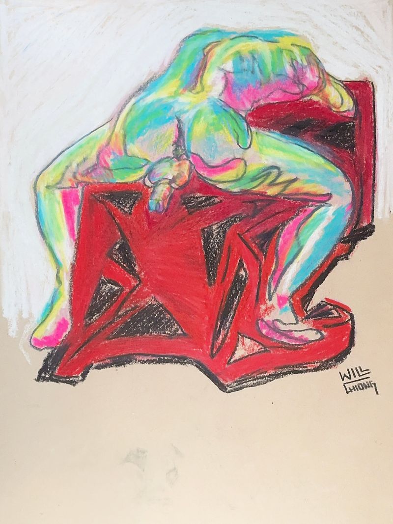 Dave seated and seen from behind, drawn in crayon.