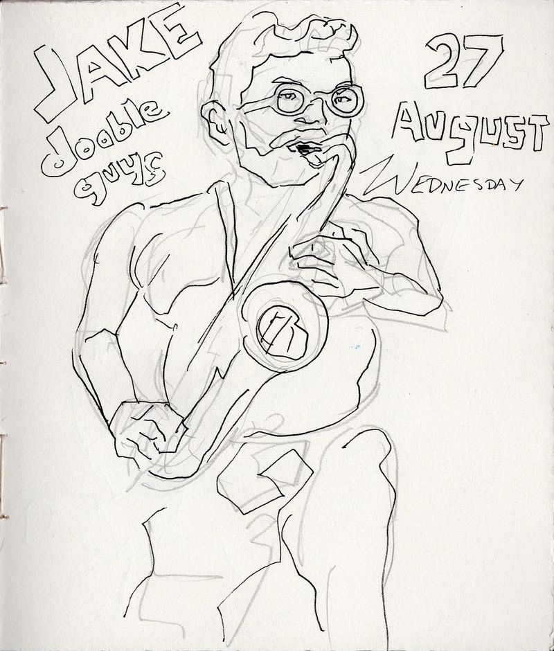 My sketchbook drawing from that day - a pencil and pen drawing of Jake playing the saxophone