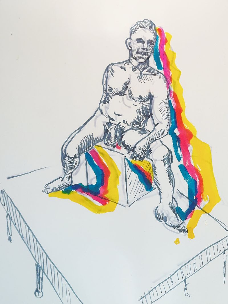 A seated man on a cube is rendered with ballpoint pen and watercolor markers on bristol.