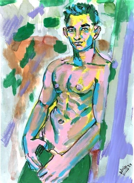 An Asian Man Leans Against a Post