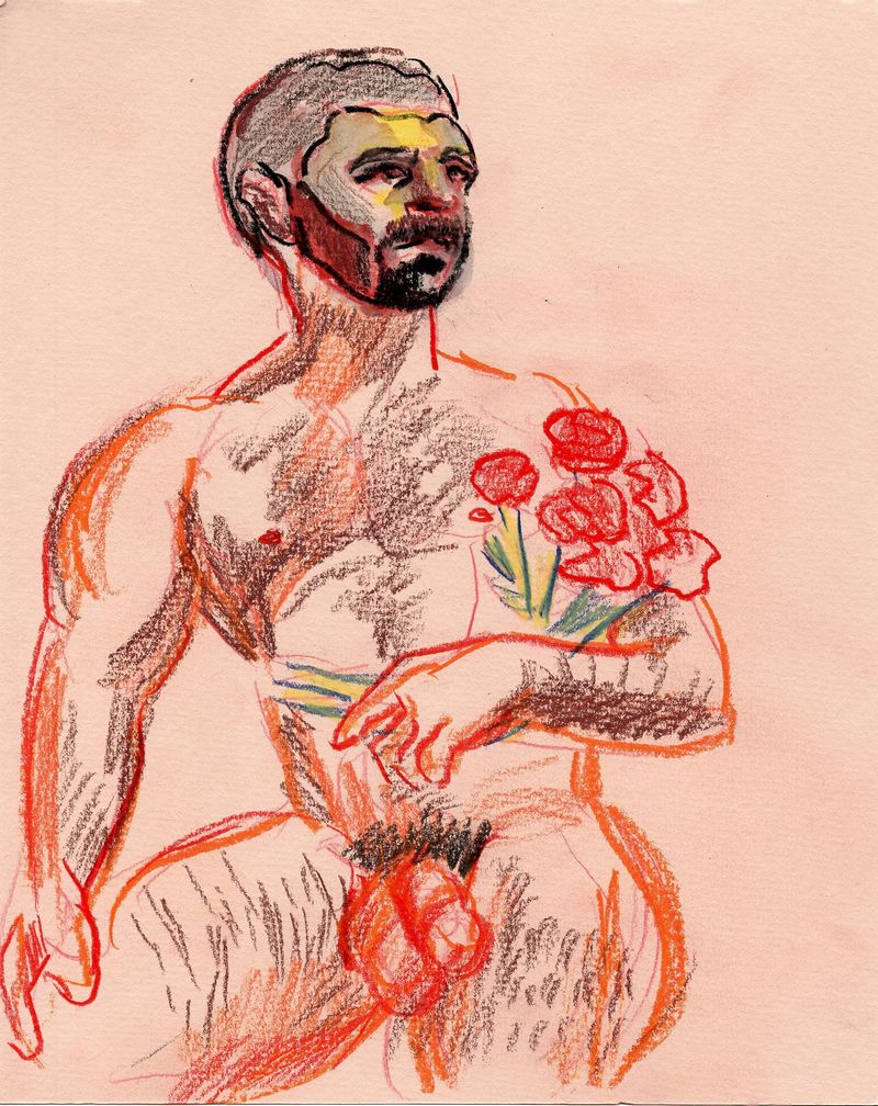 Tommy holding roses- watercolor pencil and marker on toned paper