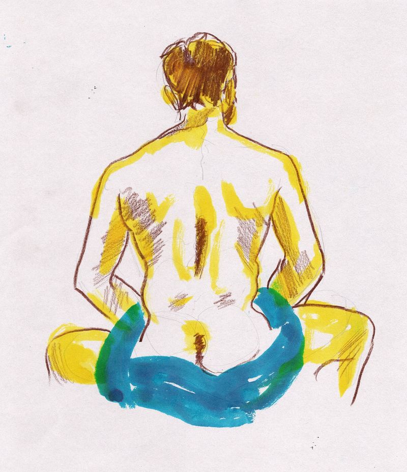 Fabian from behind draped- 10 minute pose, colored pencil and watercolor marker on toned paper.