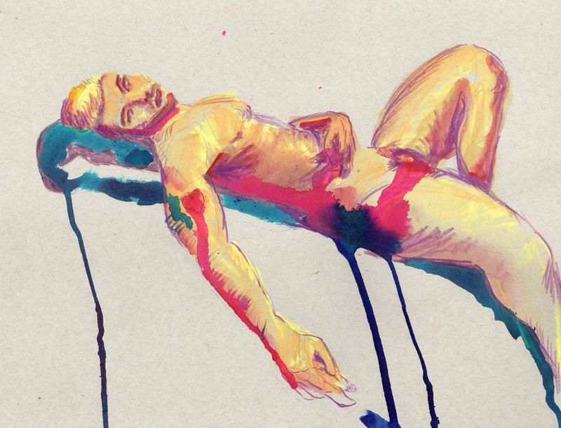 Watercolor markers, watercolor pencils, and gravity. 20 minute pose.