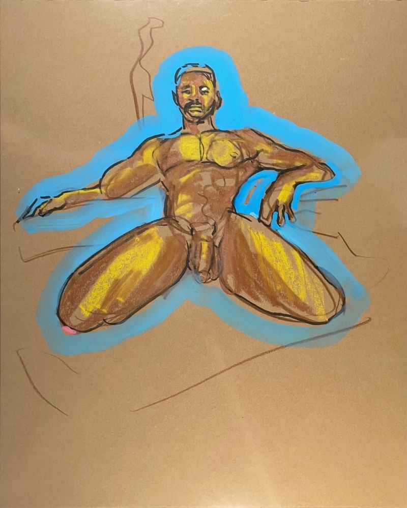 An acrylic outlined drawing of Clay on toned paper