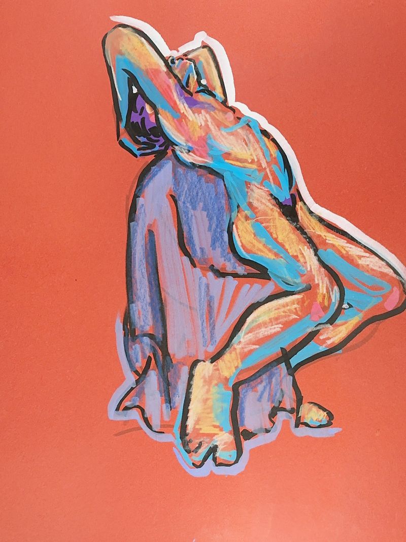 Derek leans back on a chair in an acrylic marker drawing on red paper.