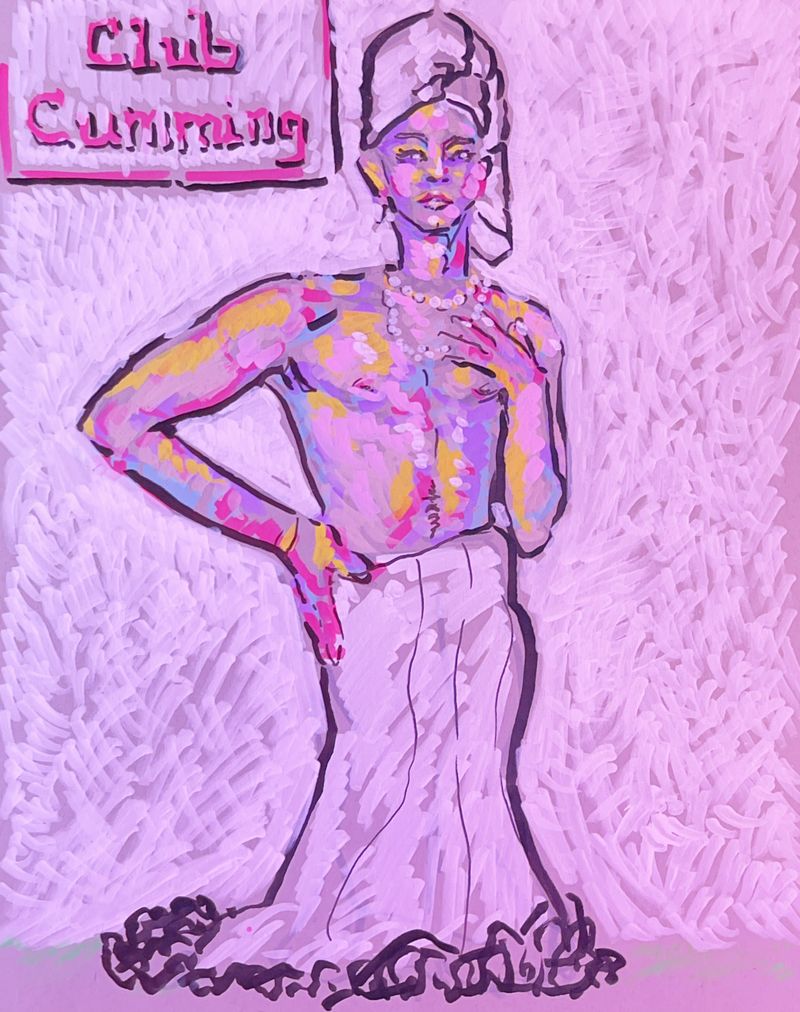 Ms. Gilbert wearing a towel as a wig in drag, drawn in acrylic markers on toned paper