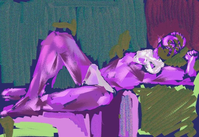 A drawing of Gabriel lying down- HEAVYPAINT on iPad- 20 minute pose.