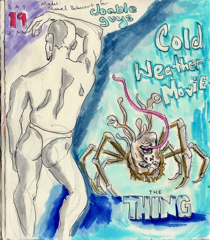 A drawing from my sketchbook with Manuel on one side and a picture of The Thing.