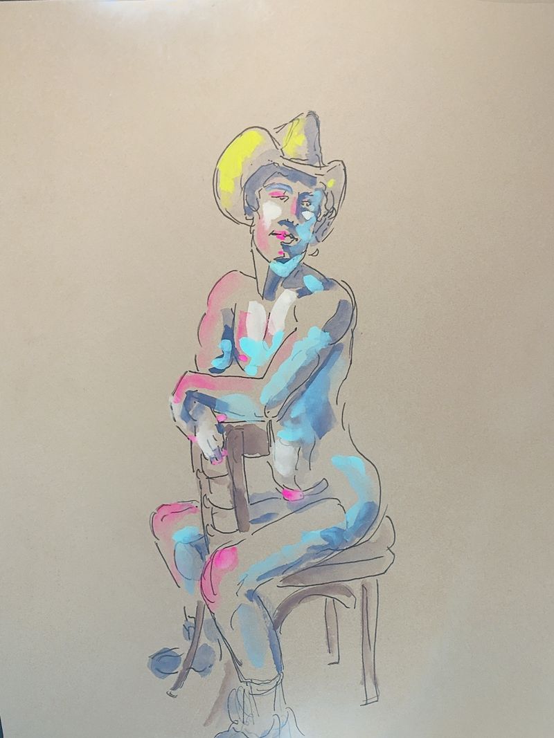 Devan in a cowboy hat, gouache on toned paper.