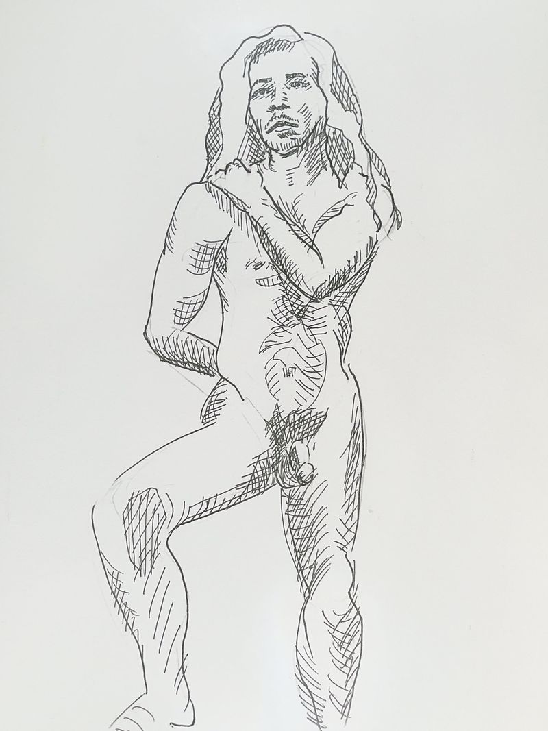 Joey standing with one leg bent and arm resting on his shoulder, drawn with cross-hatched fineliner on bristol.