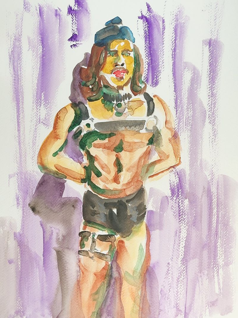 Watercolor drawing of Valmir wearing a leather hat and harness.