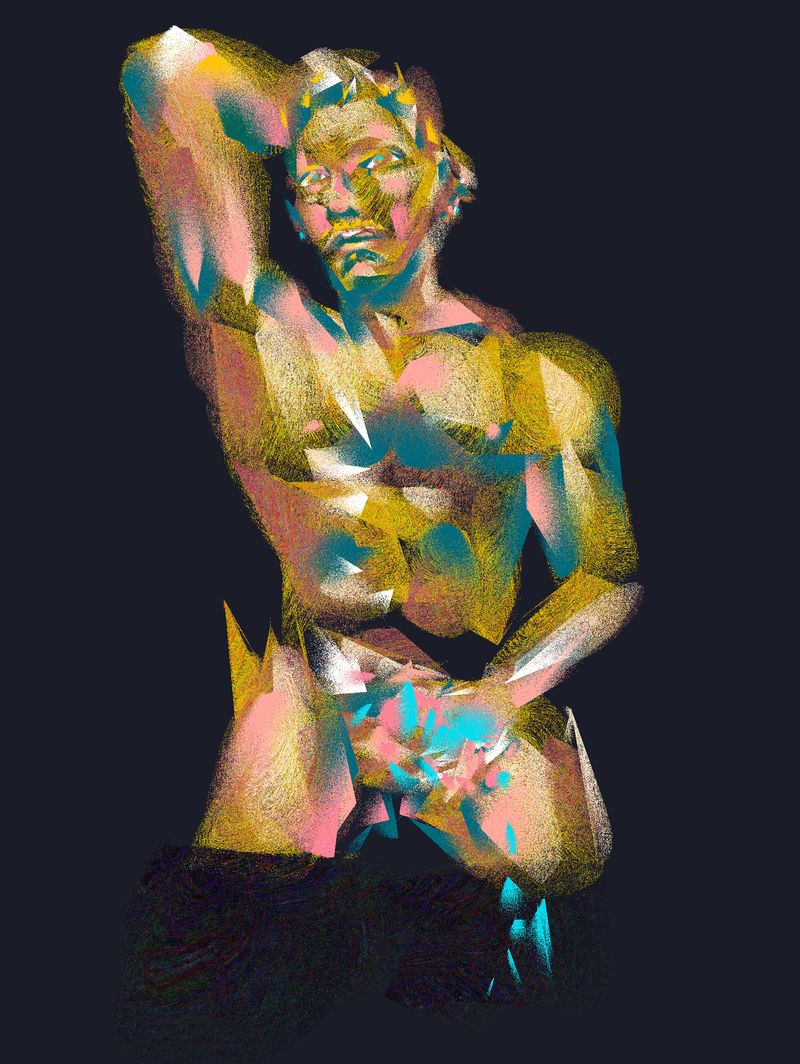 A nude male figure is painted digitally in HEAVYPAINT.