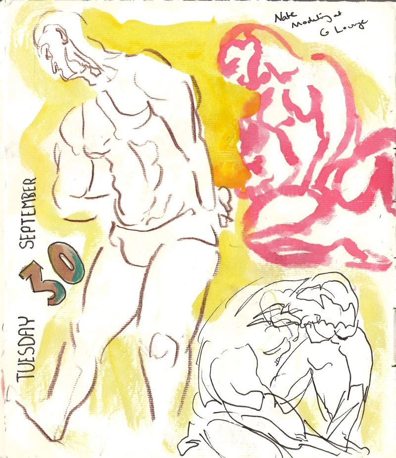 My sketchbook with several warmup drawings of Nate.