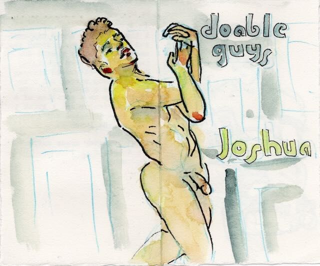 A journal drawing of Joshua standing with one arm raised.