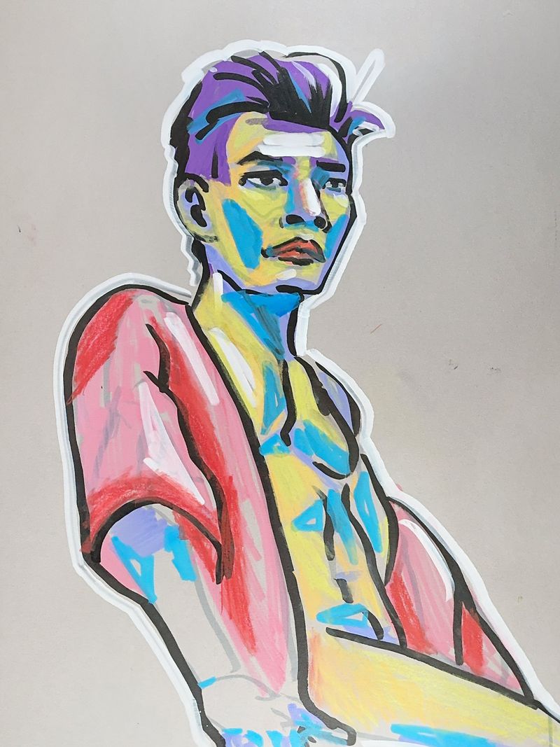 Derek in an over-the-shoulder kimono pose, drawn with acrylic marker.