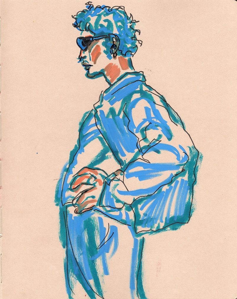 Acrylic marker and fineliner on toned paper.