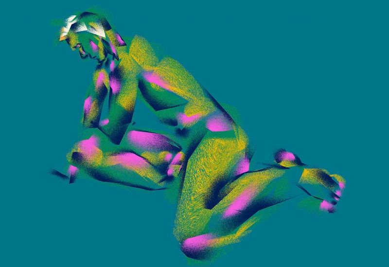 A digital HEAVYPAINT drawing of Jon in a twisted kneeling pose on iPad.