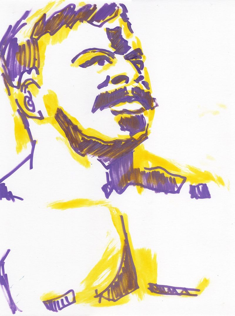 A drawing of Michael in purple acrylic