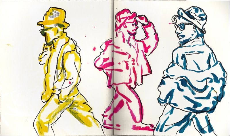 Process drawing showing color exploration for the coat illustration, with swatches and layering notes on toned paper.