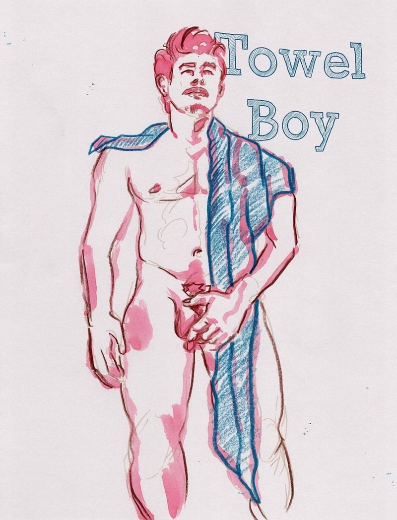 Fabian draped in a towel- colored pencil on toned paper- text added digitally in Procreate after the fact.