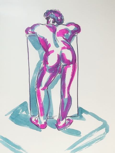 A warmup gesture sketch of Jason bent over, drawn in pink and teal marker.