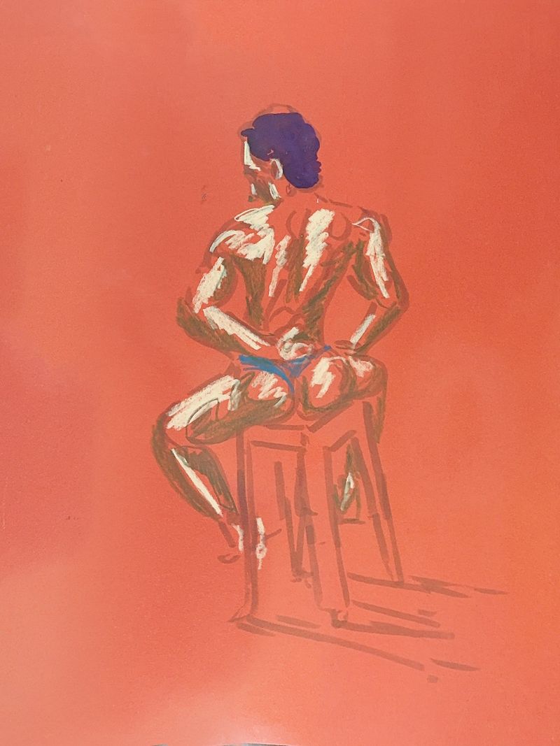 Zain seated on a stool, drawn in colored pencil and acrylic on red paper.