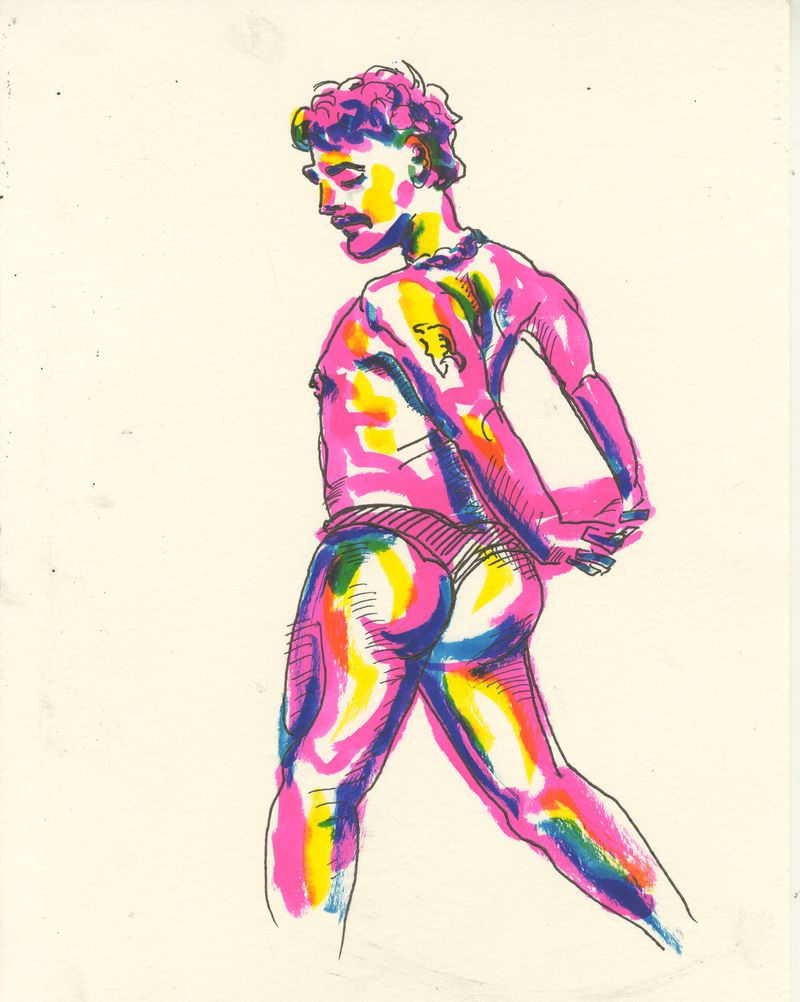 A standing watercolor marker drawing of Chance on bristol board with his arms behind his back.