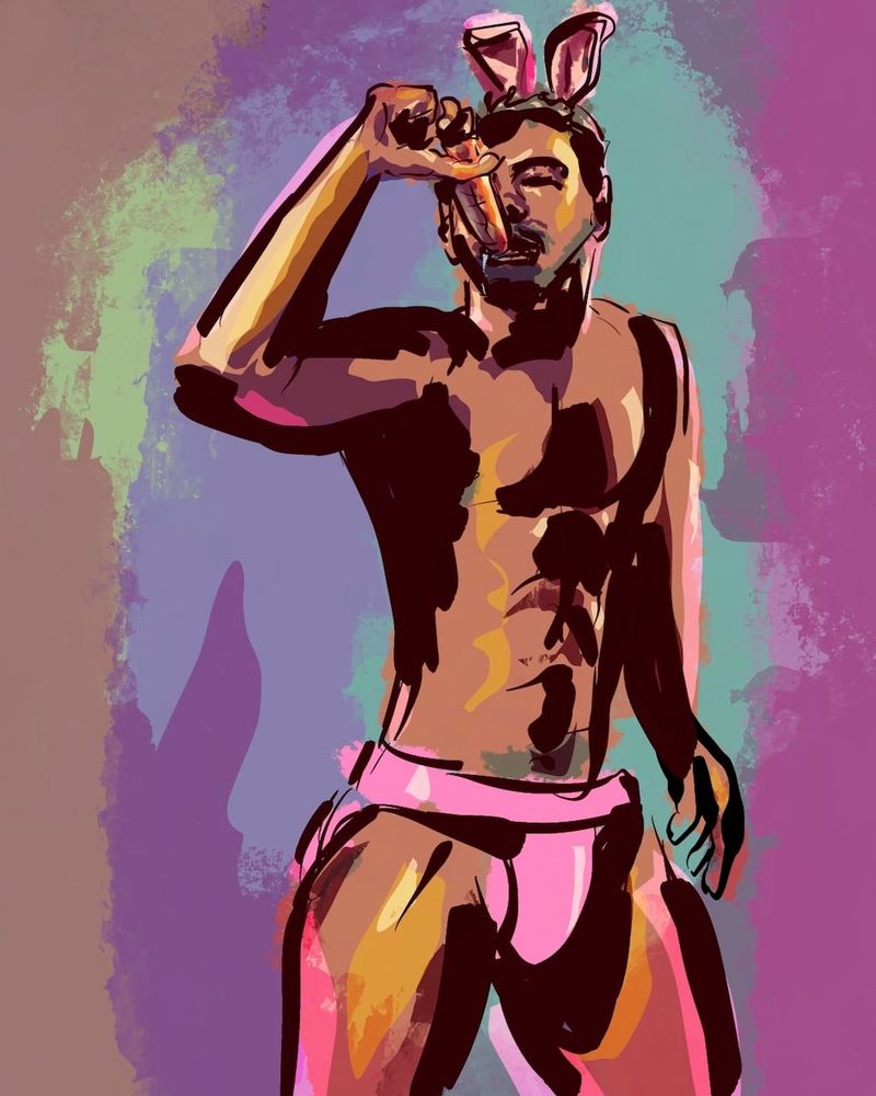 A drawing of Izaiah posing with bunny ears and a prop carrot. Procreate