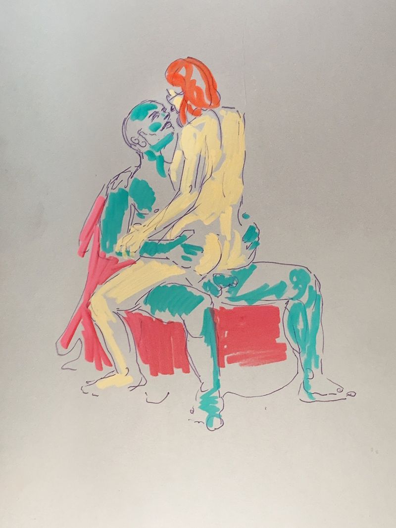 Two figures are shown in a straddling pose in this acrylic marker drawing.
