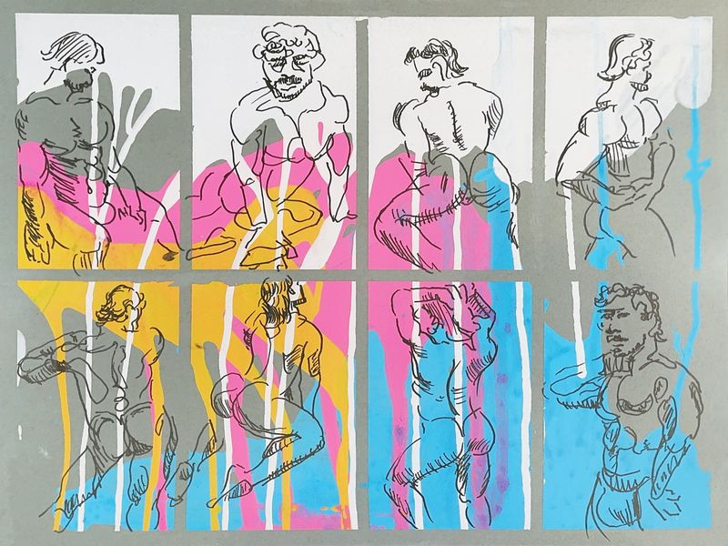 2-minute warmup gesture drawings of Zain in acrylic on toned gray paper.