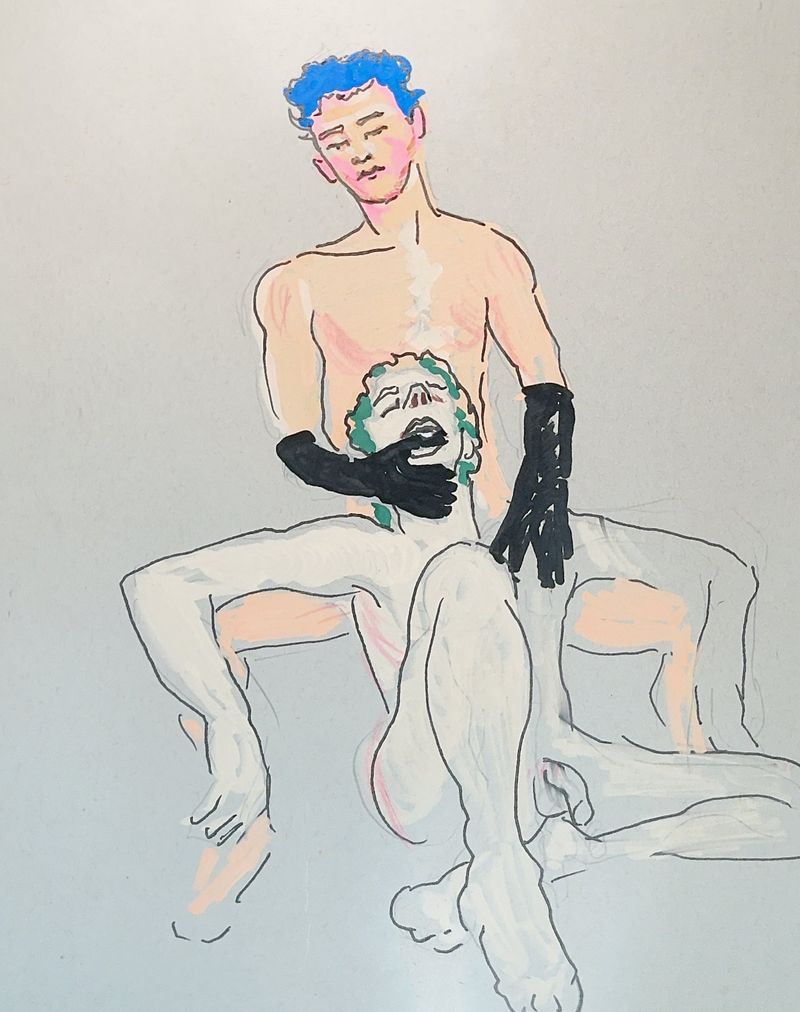 A figure drawing of one model biting a glove, captured in acrylic marker on toned paper.
