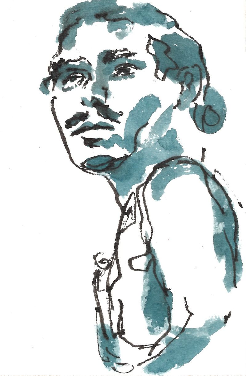 Journal drawing of Julian in fountain pen and ink wash.