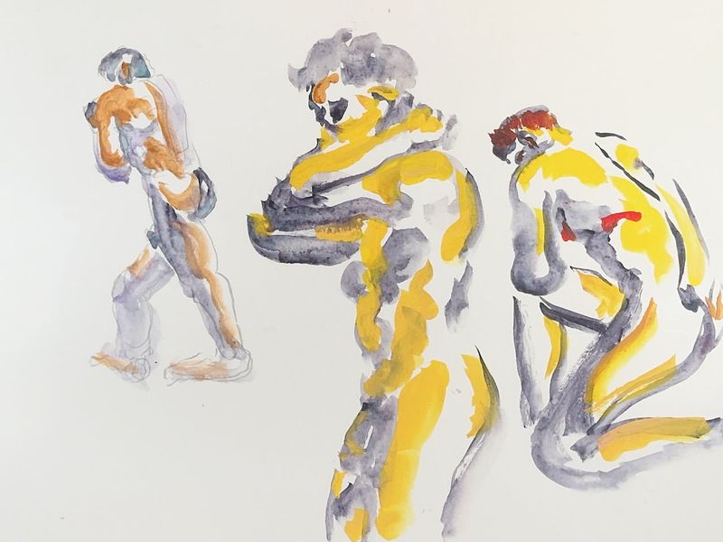 Five-minute warmup gesture drawings of Jon painted in watercolor.