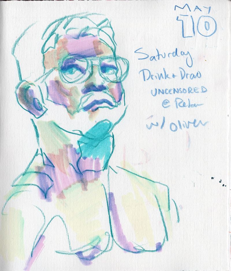 A drawing of Oliver- pencil and highlighter in a sketchbook
