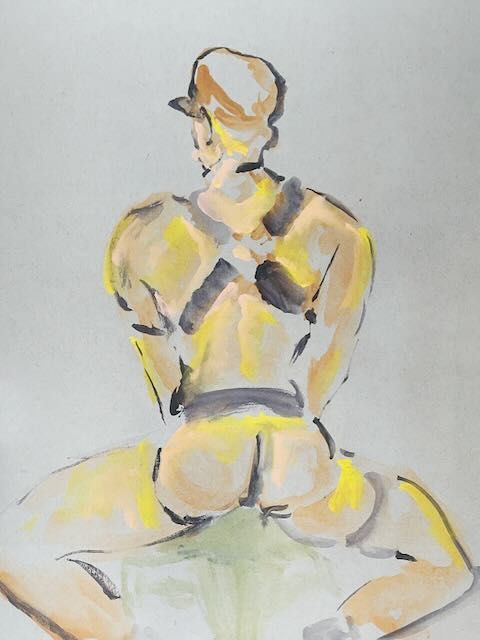 Carlos facing away, painted in gouache.