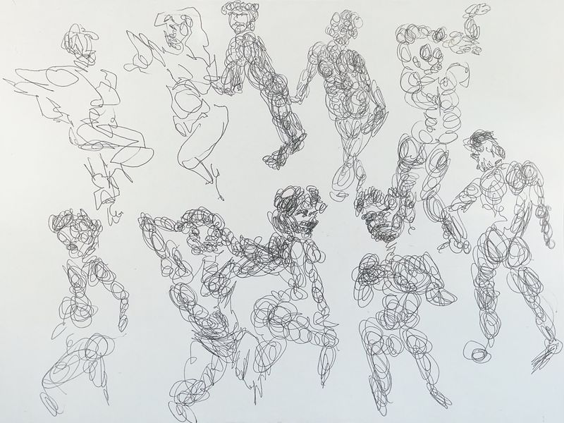 A warmup sheet of 60-second gesture drawings of Adolfo.