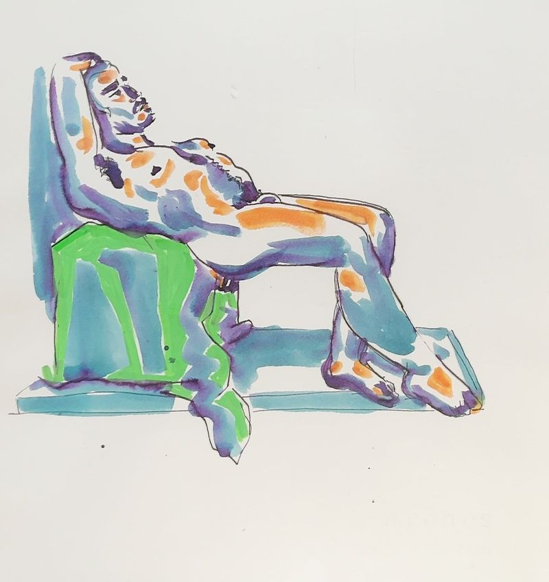 Raf reclining, drawn in fountain pen and acrylic on Bristol paper.