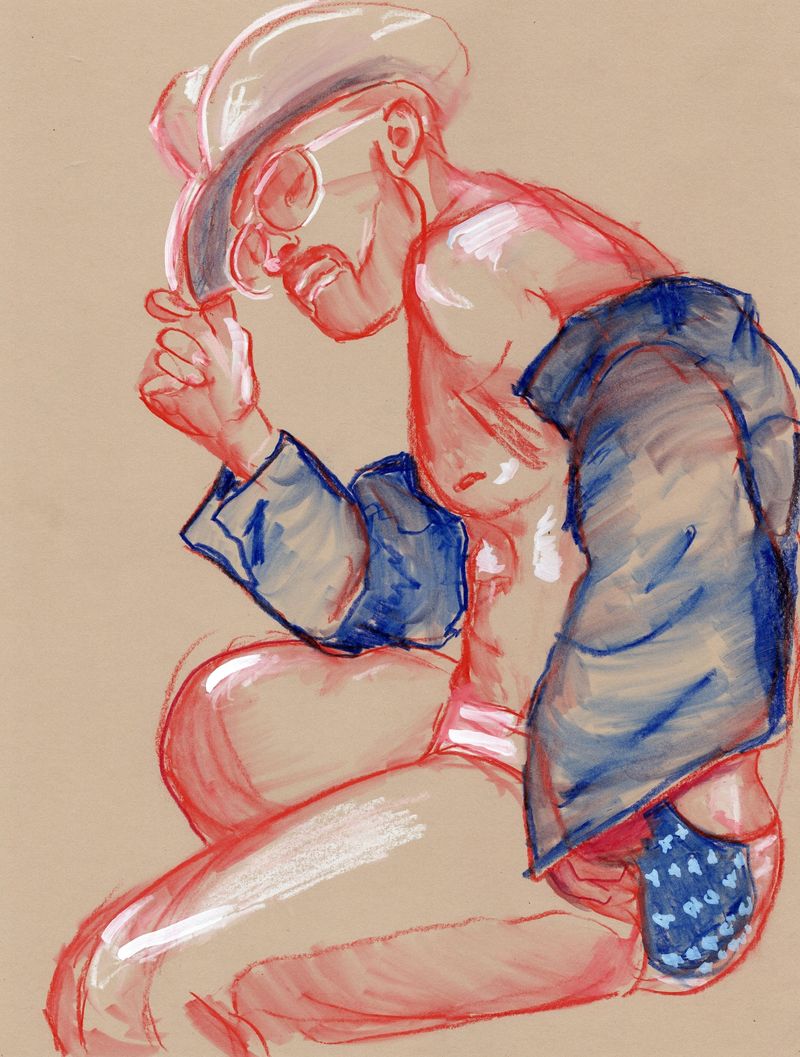 Gabriel wearing sunglasses and a hat. Colored pencil on toned paper.