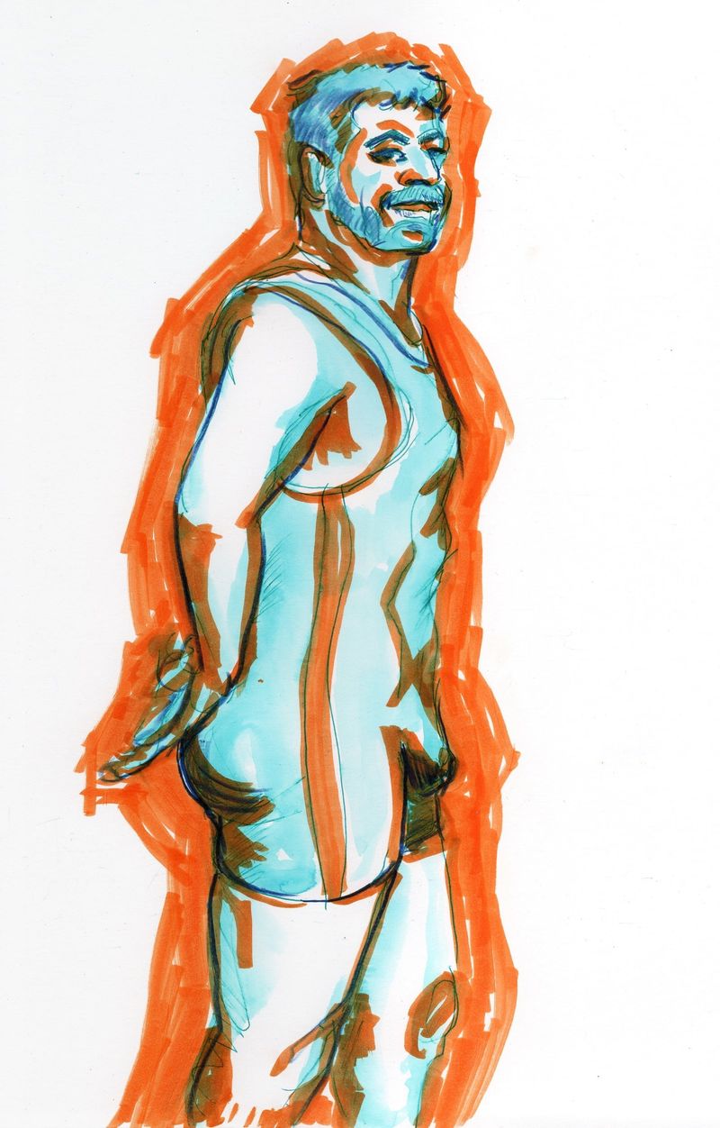 A drawing of Reza in a singlet - 20 minute pose, markers and colored pencil
