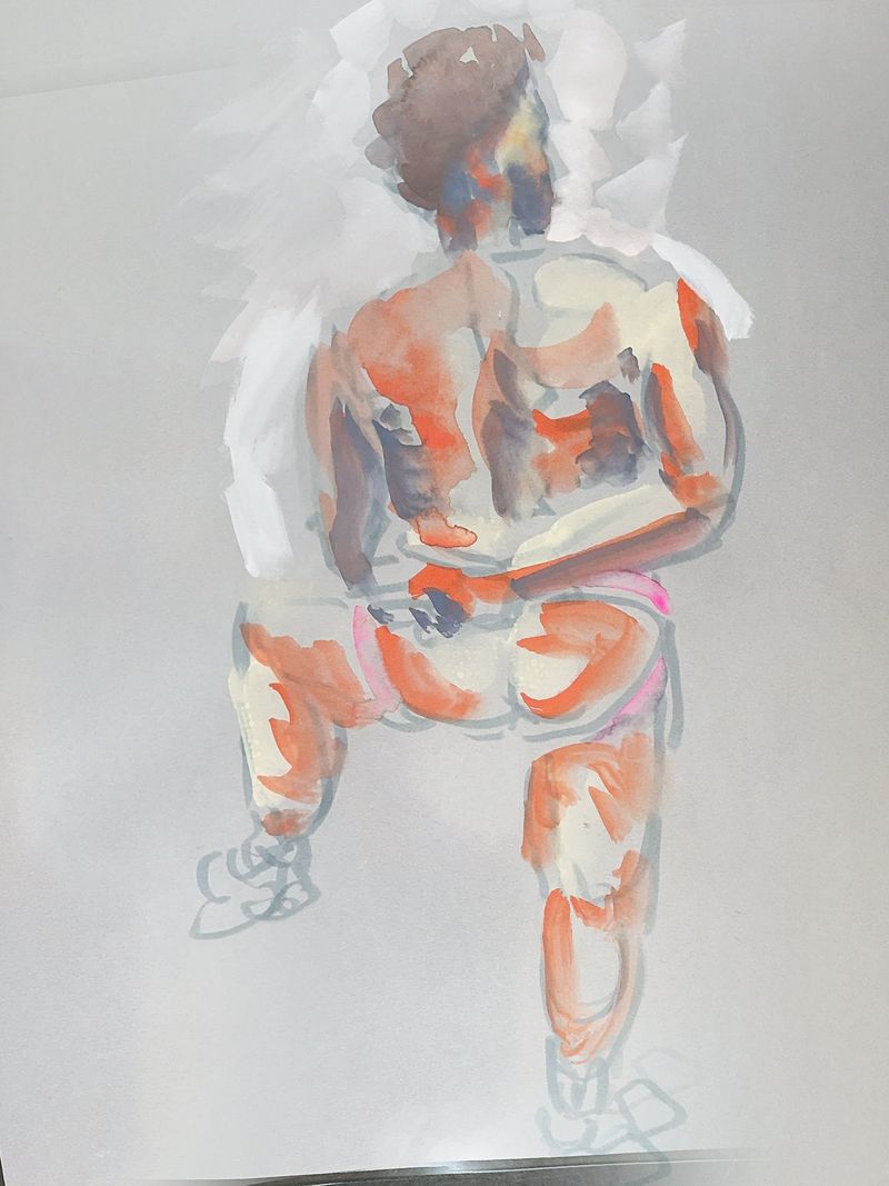 Victor in a knee-raised pose wearing a jockstrap, painted in gouache on toned paper.