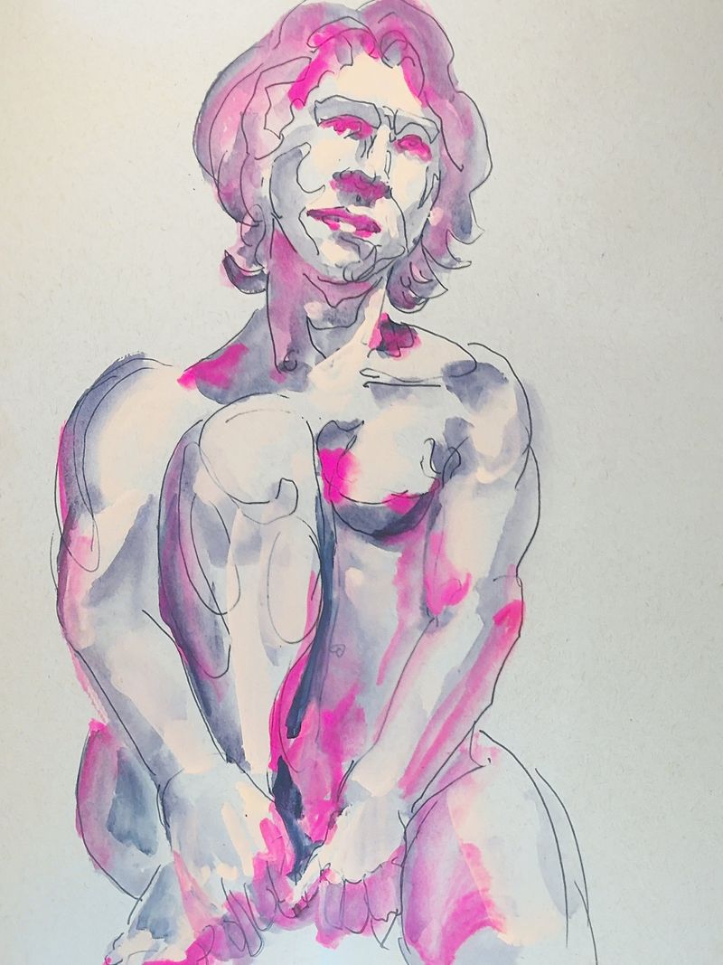 Model with knee raised, pink tones