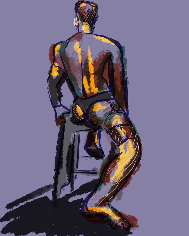 Izaiah poses on a stool- drawing on Procreate