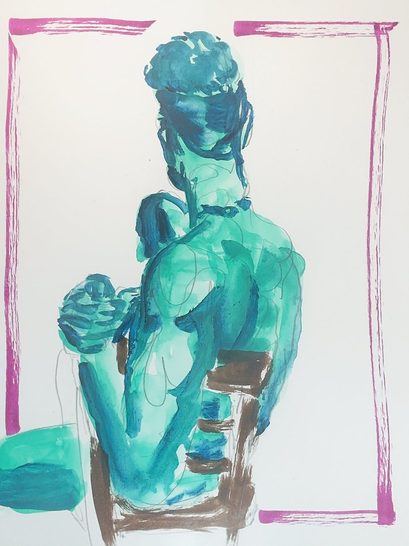 A watercolor marker drawing showing Ahmad from behind on the chair