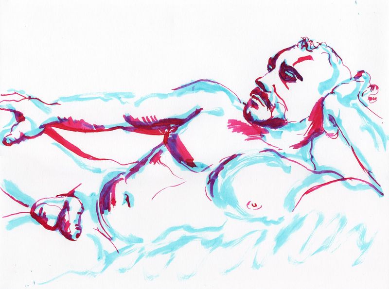 A drawing of Timothy using watercolor marker and a dip pen.