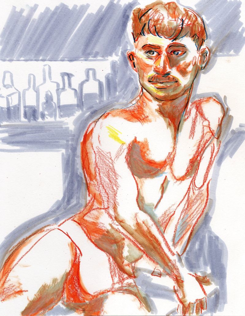 Manuel in watercolor pencil and marker- at the bar