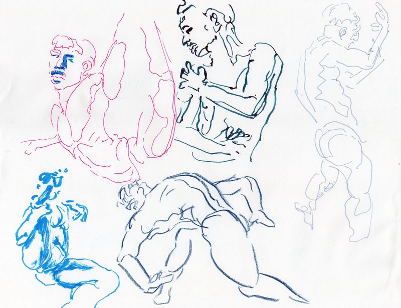 2 minute warmup drawings- various media on paper.