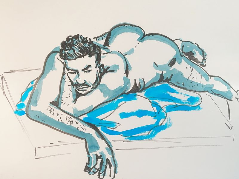 Nick lying on a raised rug, acrylic marker on toned paper.